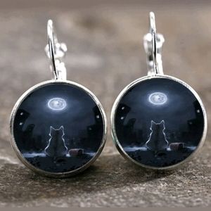New Cat Full Moon Glass Cabochon Silver Lever Back Earrings.